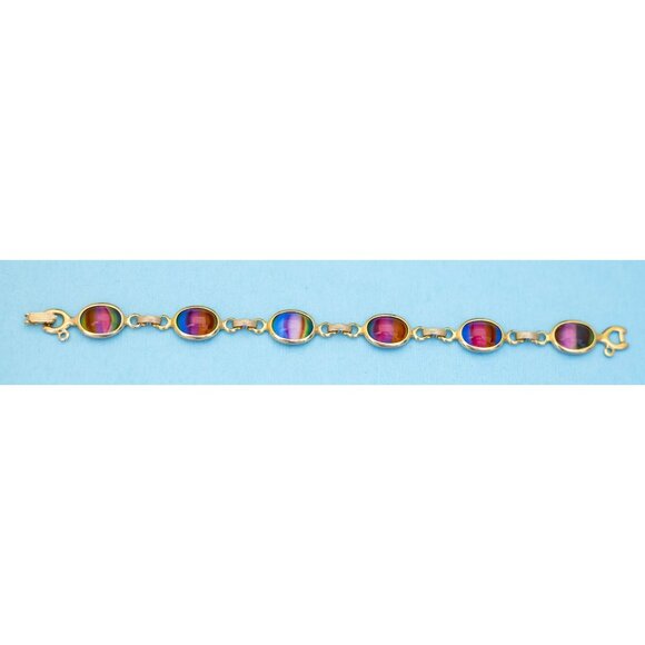 7 1/4 inch, Vintage Round Oval Rainbow Gem Gold Tone Bracelet - N35 - Picture 2 of 3